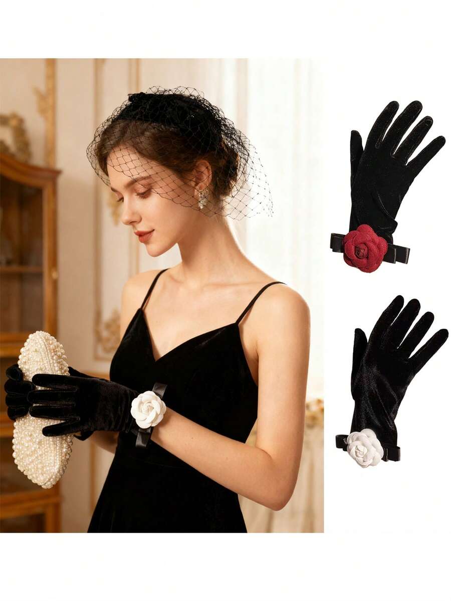 带山茶花图案的黑色天鹅绒手套，适合女士茶会服装/婚宴礼服、万圣节服装手套、圣诞节手套、特殊场合 1920 年代服装晚间歌剧手套 - 黑色 - 查看 1