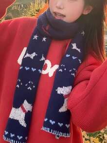 1pc Christmas Snowy Navy Blue Puppy Knit Scarf For Women Autumn/Winter Cute Shopping Vibes Versatile & Warm Student Neckwarmer