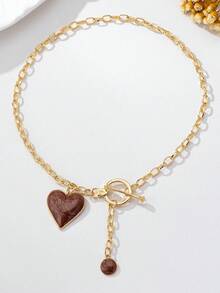 1 pieza Collar con colgante de corazón rojo en forma de tambor recubierto de aleación 3D y gota de agua dorada de moda - Café integral - Ver 4