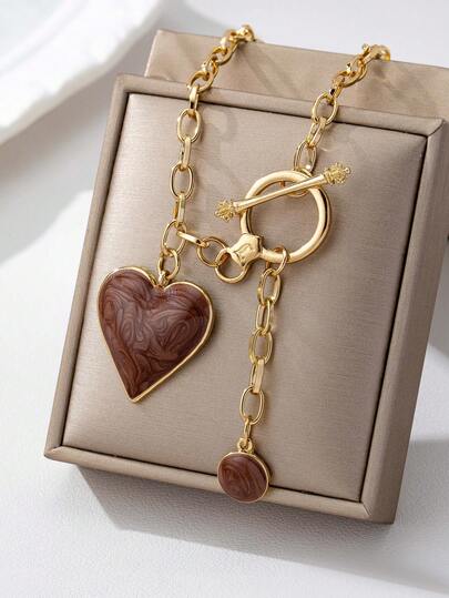 1pc Fashionable 3D Alloy Coated Drum-Shaped Red Heart & Gold Water Drop Pendant Necklace