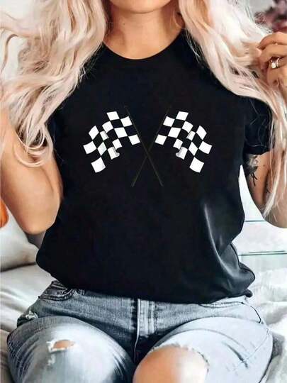 Camiseta de carreras con estampado de bandera a cuadros, cuello redondo, manga corta para mujeres, camiseta casual de verano, camisetas gráficas para mujeres, camisetas gráficas para hombres, ropa de calle, camisa blanca, camisa negra, suave y cómoda