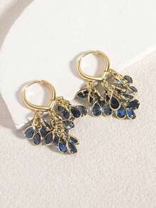 1 Pair Fashionable High-End Luxury Sparkling Elegant Sweet Versatile High-Quality Gold, Silver, Pink, Colorful, Peach, White Water Drop, Heart, Flower, Round Zirconia Hoop Earrings, Suitable For Women's Daily Wear, Weddings, Galas, Parties, Dance Floors, Gifts For Friends - 海軍藍多色鋯石耳環 - 查看 3