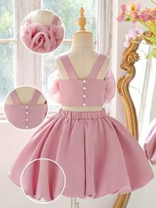 2pcs Young Girls Floral Decor Camisole Top And Skirt Set, Suitable For Birthday Party, Family Vacation, No Headband Included - Bụi hồng - Xem 6