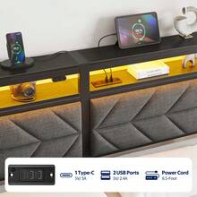 GREENSTELL Bed Frame  With Charging Station, LED Bed With Upholstered Storage Headboard, Metal Platform Bed With Under Bed Storage, No Box Spring Needed, Noise Free, Easy Assembly - 灰色 - 查看 9