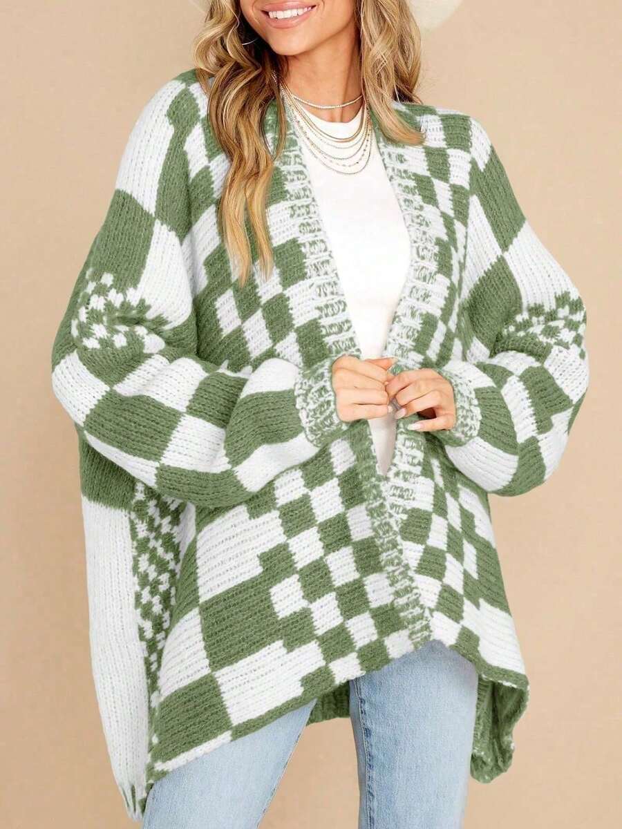 Cárdigan de punto oversize a cuadros para mujer, abrigo de manga larga con bloque de color a cuadros y apertura delantera - Verde - Ver 1