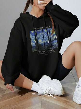 Plus Size Black Hooded Sweatshirt For Women With Van Gogh Starry Sky Print, Suitable For Graduation, Back-To-School, Graduation Ceremony, Teachers', Back-To-School
