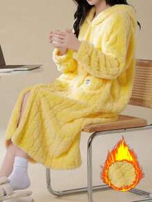 女士纯色提花休闲睡袍，保暖连帽宽松长袖法兰绒浴袍，适合秋冬季节，带口袋，可作睡衣穿着。 - 彩色 - 查看 8