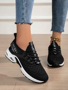 Women's Air Cushion Mesh Breathable Running Shoes, Women's Black Casual Walking Shoes, Women's Black Mesh Breathable Air Cushion Shock Absorbing Sports Shoes, Lightweight Non-Slip Sports Training Shoes Suitable For Gym And Walking, Casual Lightweight Sports Training Shoes