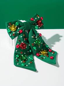 1pc Fashionable Christmas Element Bow Hair Clip, Women PET Material Flower Decor Spring Clip With Rhinestone & Pearl, Holiday Party Essential Accessory, Claw Clips, Hair Slide, Hair Barrettes, Hair Accessories - متعدد الألوان - مشاهدة 2