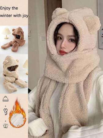 3 delar varmt höst-/vinterset med nallebjörn: tjock mössa med hög gramvikt och öronmuffar, halsduk och handskar, plyschbalaklava