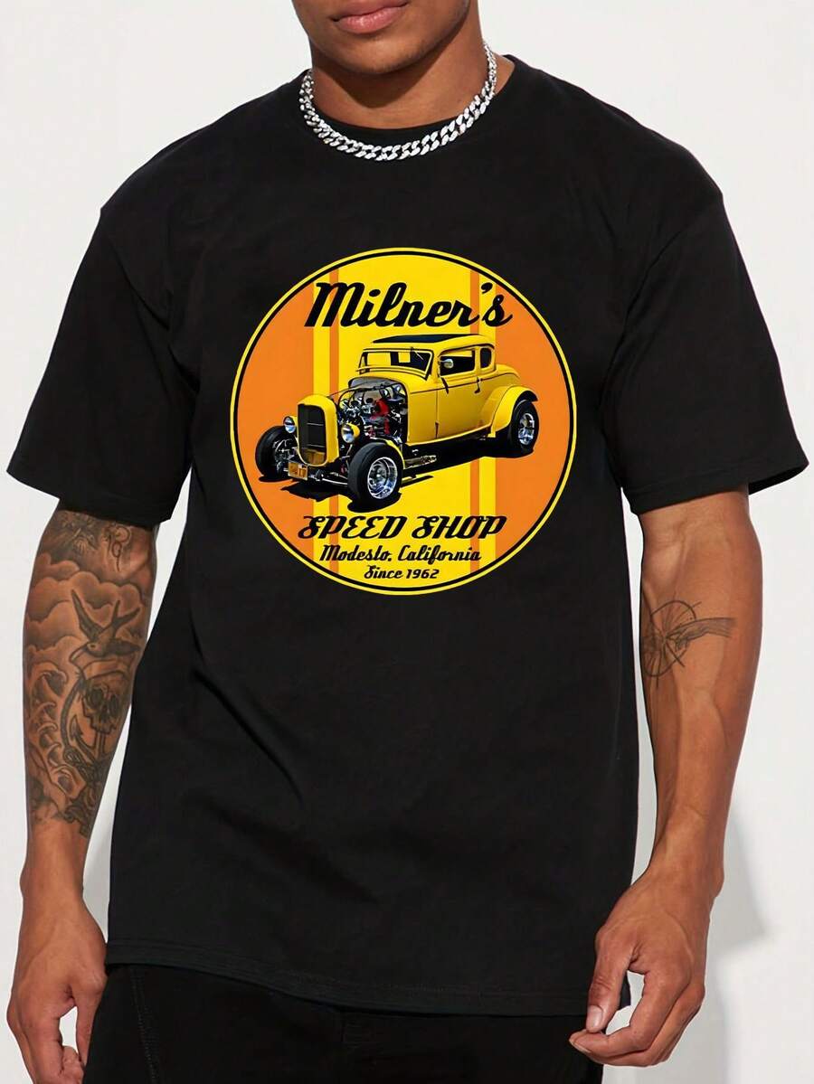 1 camiseta gráfica con estampado digital para mujer coche clásico, amarillo vibrante, diseño retro, texto estilizado Camiseta casual de cuello redondo y manga corta. Camiseta de algodón ligera para las cuatro estaciones, lavable a máquina, no lavar en seco. - Negro - Ver 1
