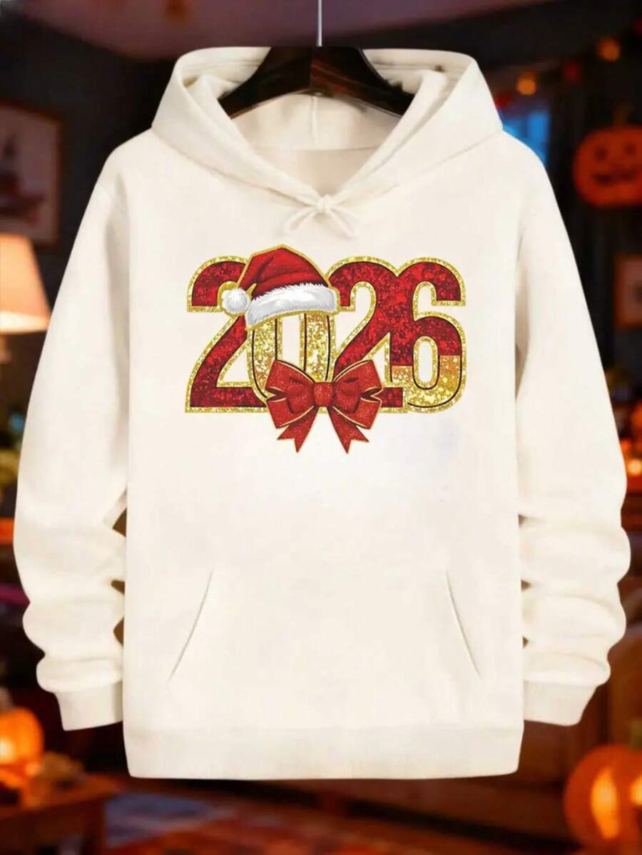 Men'S 2026 Christmas Hoodie - Happy New Year 2026 Santa Claus Design With Red Bow & Golden Glitter Lettering, Soft Comfortable Blend,Fall Hoodies,Men's Fall Clothes,Street Wear,Halloween,Mens Hoodies,Y2k Clothes,Jesus Hoodie,Thanksgiving Day,Nightmare Before Christmas,Christmas - 白色 - 查看 1