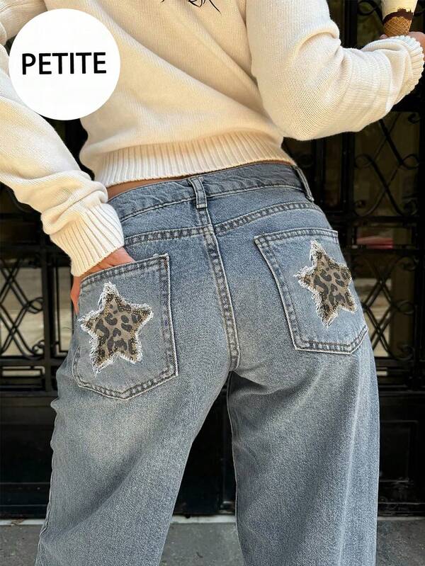 Petite Y2K Denim Pants Casual Dailywear Washed Cat Whiskered Back Pockets Leopard Print Star Pattern Patchwork Straight Leg Jeans Music Festival Party Christmas Autumn And Winter Clothing