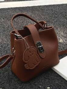 小众设计休闲百搭简约时尚PU纹理单肩斜跨包手提包水桶包托特包女士户外小手提包高品质复古斜跨包 - 咖啡 - 查看 9