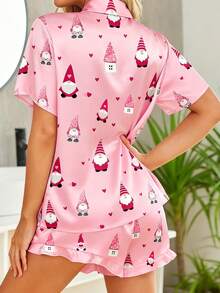 2Pcs Christmas Pajamas Sets For Women Lapel V Neck Short Sleeve Christmas Themed Print Tops And Drawstring Waist Shorts - Pink - View 2