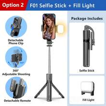 TOKQI 自拍杆三脚架，带可选补光灯，便携式和伸缩式，可伸缩自拍杆三脚架，带无线遥控器和三脚架支架，轻巧紧凑，兼容各种设备型号。