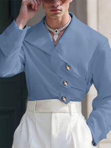 INCERUN Fashion Mens V-Neck Buttons Long Sleeve Pleated Party Casual Loose Blouse Office Work Solid Shirt Tops - 藍色 - 查看 4