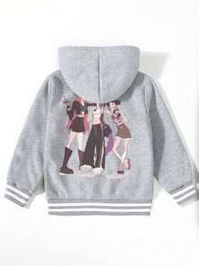 Girls Baseball Jacket Single Piece Witch Squad Print Color Block Varsity Style Fall Winter Sport Coat Casual Fashion - Grey - View 3