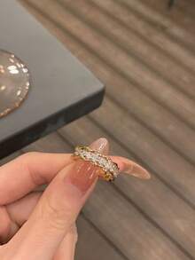 1 件女士时尚戒指，奢华哥伦比亚波浪圆形钻石透明可调节尺寸戒指，适合派对、婚礼、日常佩戴，是送给女性、女友的绝佳礼物 - 金色 - 查看 1
