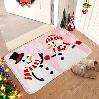 1 件粉色背景、雪花和心形图案的雪人迎宾垫 - 柔软舒适的仿羊绒材质，柔和色彩的冬季门垫，防滑室内/室外入口垫，适合圣诞节、感恩节、新年装饰