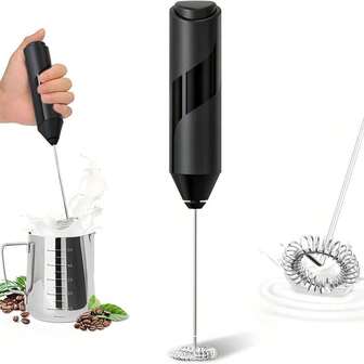 Bärbar mjölkskummare, handhållen elektrisk mjölkskummare, 14000 varv/min högenergimotor, snabb leverans, 9 cm kort stavdesign, manövrering med en knapptryckning och enkel att rengöra, drivs av 2 AA-batterier, lämplig för kaffe, matcha/sås, är en bra följeslagare för hemmakontorets kaffe.
