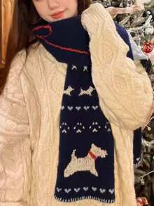 1pc Christmas Snowy Navy Blue Puppy Knit Scarf For Women Autumn/Winter Cute Shopping Vibes Versatile & Warm Student Neckwarmer