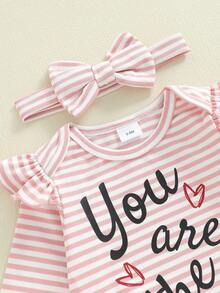 Conjunto de 3 piezas para bebé niña, otoño, mono de manga larga con estampado del alfabeto + pantalón de punto a rayas + diadema ajustable con lazo, mezcla de algodón suave, talla 1-18 meses, perfecto para uso diario y fotos familiares. - Rosa - Ver 8
