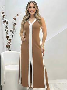 Long Knitted Dress With V-Neckline, Two-Tone Tank Top, Stripes And Slit, Comfortable And Loose - 鏽棕色 - 查看 1