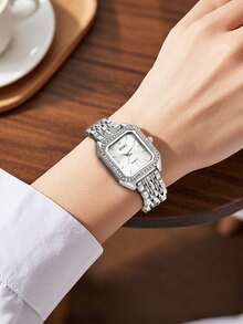 1 Set de reloj de mujer con cuarzo y diamantes, collar, aretes, pulsera y anillo, correa ajustable, esfera dorada vintage, perfecto para fiestas, vacaciones, cumpleaños y el mejor regalo para amigos - Plateado - Ver 6