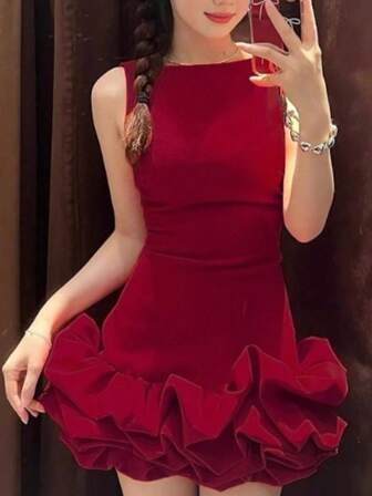 Vestido mini plisado rojo sexy para mujer para fiestas y cócteles. Vestido mini sexy para mujer. Vestido formal exquisito con ropa abultada y pomposa para Navidad, Año Nuevo y festivales de primavera