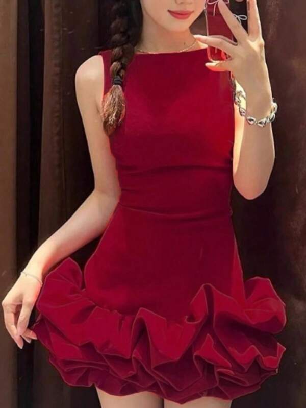 Vestido mini plisado rojo sexy para mujer para fiestas y cócteles. Vestido mini sexy para mujer. Vestido formal exquisito con ropa abultada y pomposa para Navidad, Año Nuevo y festivales de primavera