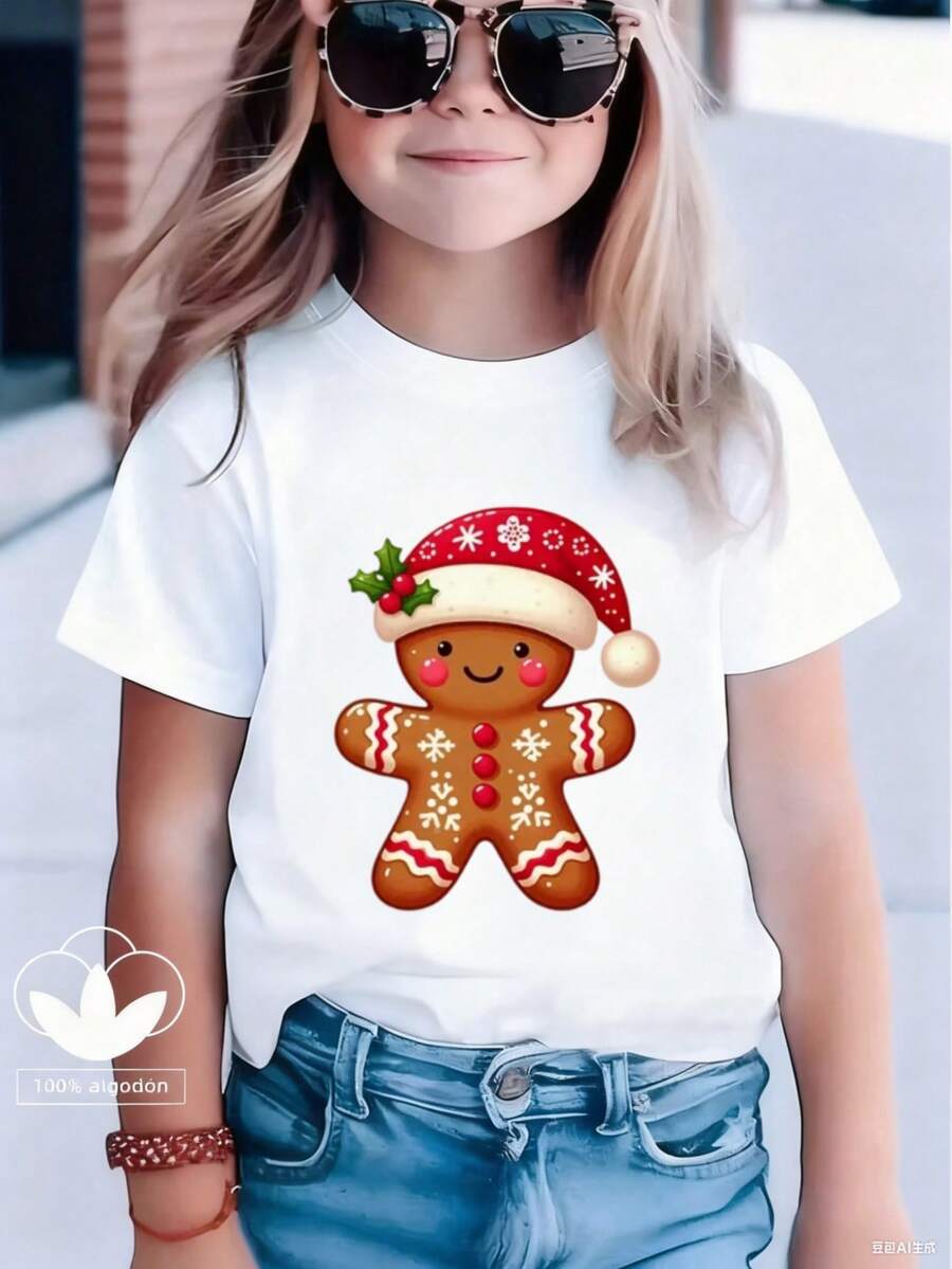 Esta nueva y moderna camiseta de manga corta 100 % algodón para niña luce un estampado navideño. Esta camiseta holgada, informal y versátil está confeccionada con un tejido suave y agradable para la piel de tu bebé. Ya sea para una reunión familiar, un evento escolar o una salida para jugar al aire libre, esta camiseta permite que tu hija se mueva con libertad y comodidad. - Blanco - Ver 1