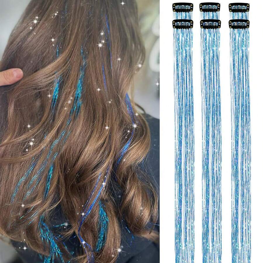 Extensiones de cabello de 24 pulgadas con clip, resistentes al calor, accesorios de cabello de hada brillante, adecuados para mujeres, niñas, niños, aplicables para Halloween - Azul cielo - Ver 1