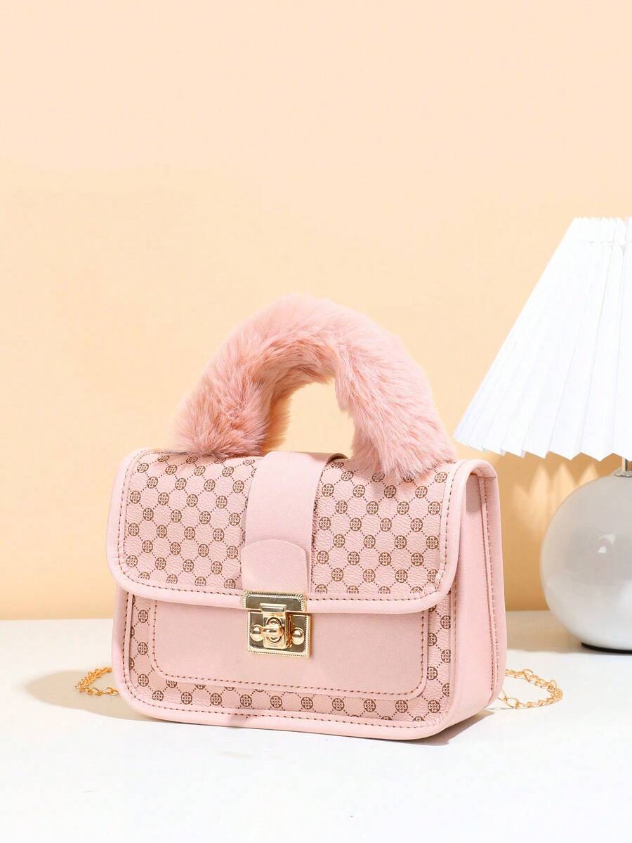 1pc Girls Vintage Print Plush Handbag, Cute Metal Chain Crossbody Bag, Casual Date Phone Pouch, Ideal Gift - Pink - View 1