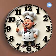 Happy Chef Wall Clock - Wooden Silent No Ticking, Fun Chef Design, Large Black Numbers With Beige Background, Suitable Kitchen, Living Room, Bedroom, Office Decoration - Valentine's Day (Batteries Not Included), Easy-To-Read Digital Wall Clock - 黑色 - 查看 2