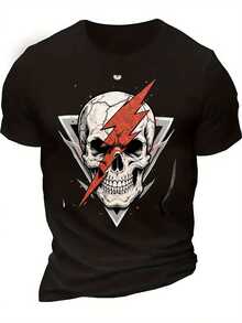 Camiseta gráfica de calavera y rayo para hombres - Negra con diseño de calavera blanca y rayo rojo, camiseta de manga corta de cuello redondo 100% algodón, estilo punk rock, top casual para conciertos, fiestas, atuendo casual - Regalo atrevido para hombres - Negro - Ver 6