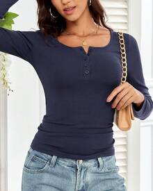 Long Sleeve Shirts For Women Henley Fall Ribbed Button Tops Slim Fit Winter Spring Cute Casual Basic Blouse TeesHalloween Christmas New Year - Màu xanh đậm - Xem 6