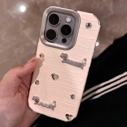 时尚闪光水钻小狗仿皮软手机壳适用于 17 ProMax 17 Pro 17 16 15 14 13 Pro Max 12 11 Pro Max 防震后盖