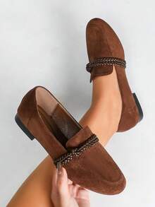 女士时尚编织带圆头低跟平底鞋 - 咖啡棕 - 查看 1