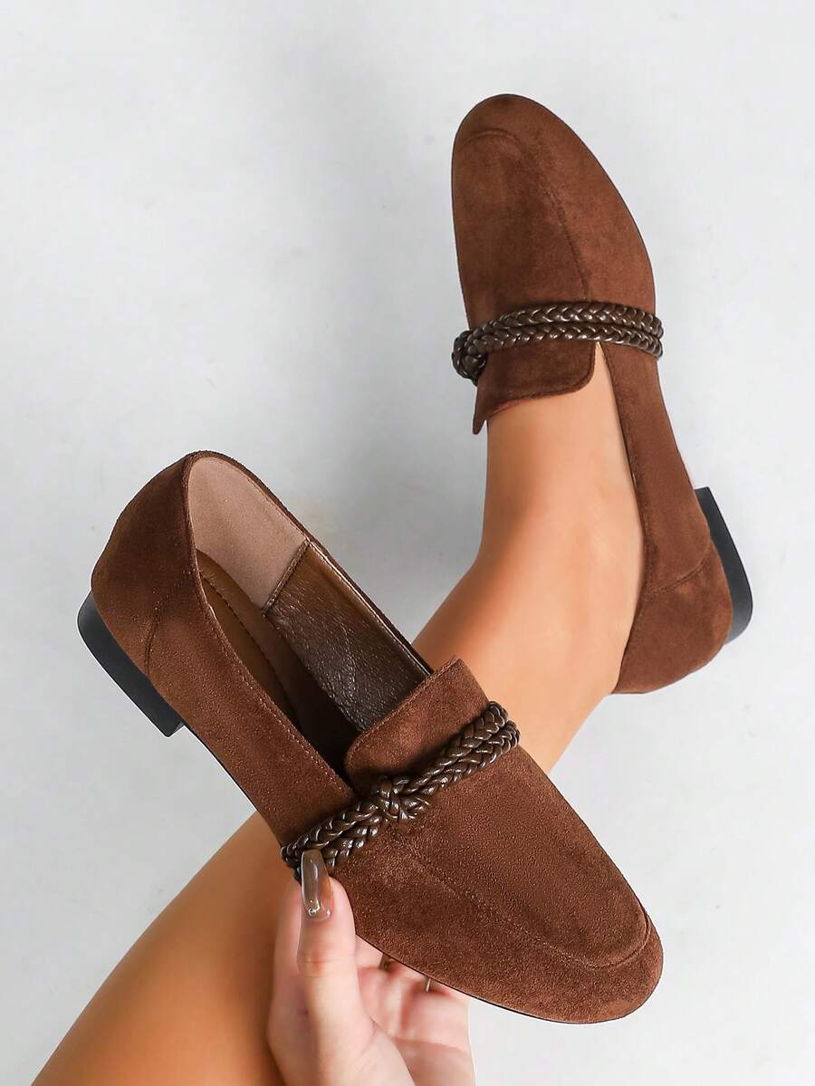 女士时尚编织带圆头低跟平底鞋 - 咖啡棕 - 查看 1