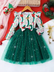 Girls' Long Sleeve Digital Print Dress With Bow & Mesh Patchwork, & Cute Dress For Christmas Party - أخضر - مشاهدة 4