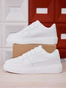 Women's Casual Sneakers, White, Non-Slip Soft Sole, Lightweight, White Shoes, Couple Style, Platform, Round Toe Lace-Up, Available In Plus Size 43-45