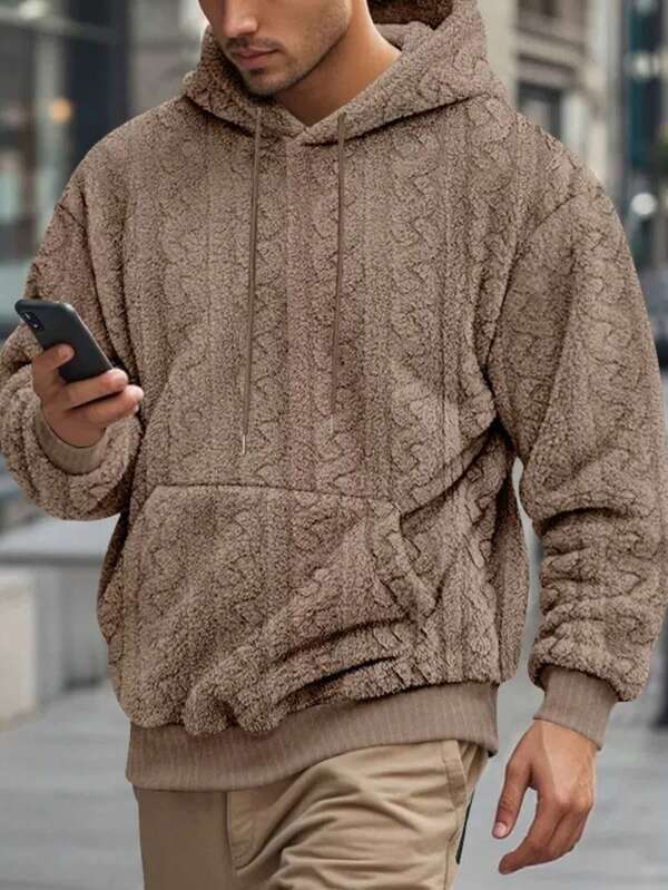 Sudadera con capucha forrada térmica color topo con patrón de punto de cable, ideal para uso casual en invierno y estar cómodo en casa