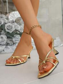 Dép cao gót quai mảnh cho nữ, Dép xỏ ngón hở mũi thời trang cho váy, mùa hè - Vàng - Xem 3