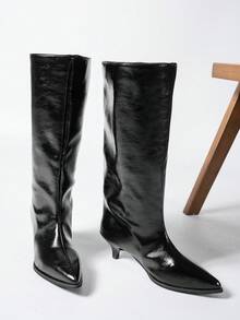 Women's Over-The-Knee Boots, New Autumn Fashion European And American Versatile Pointed Toe Elegant High Shaft Boots, Kitten Heel, Comfortable For Holiday Parties, Black Glossy - Black - View 5