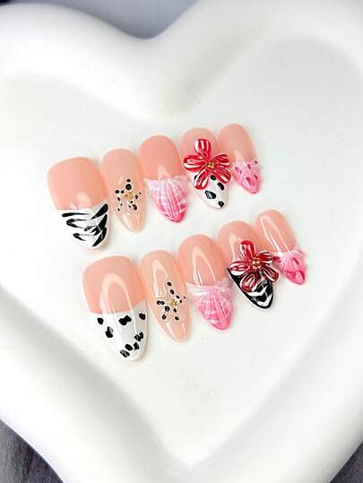 10pcs Square Press On Nails With Creamy White, Light Gold & Other Gentle Toned Bases, Sparkling Elements, 3D Pink Flower Decor (Rhinestone - Accented) & Exquisite Color - Block Design Shiny 100% Handmade Press On Acrylic Nails Reusable Nail Supplies For Women's Daily Or Party Wear