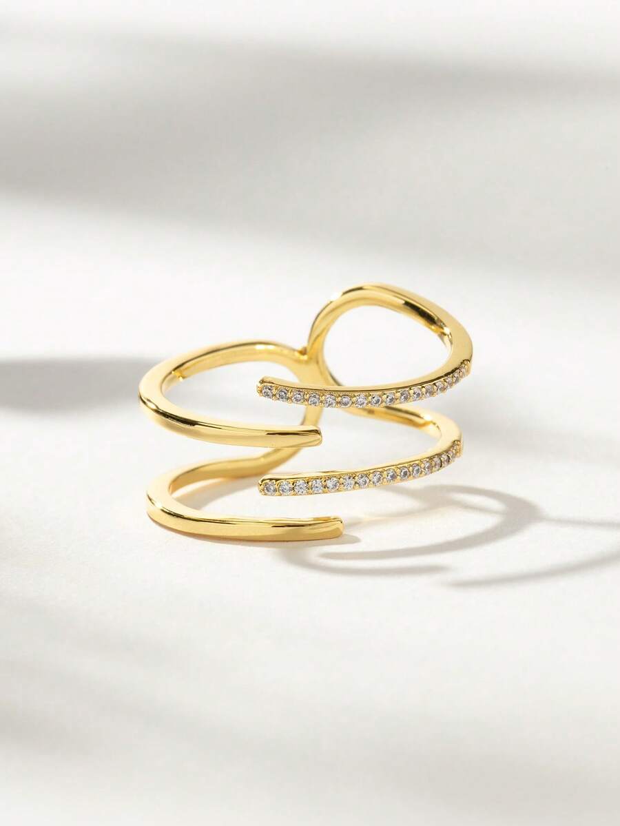 Anillos de apertura elegantes de plata de ley 925 con arreglo escalonado de doble capa y circonita incrustada para mujeres - Anillos de apertura escalonados - Ver 1