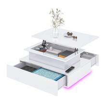 Lift Top Coffee Table, High Glossy With LED Strip, Modern Wooden Rectangle Tea Table With 2 Drawers, White -By GeoTower - White - View 11