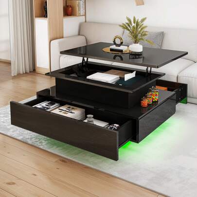 Yitahome Lift Top Coffee Table, High Glossy With LED Strip, Modern Wooden Rectangle Tea Table With 2 Drawers, Black -By GeoTower