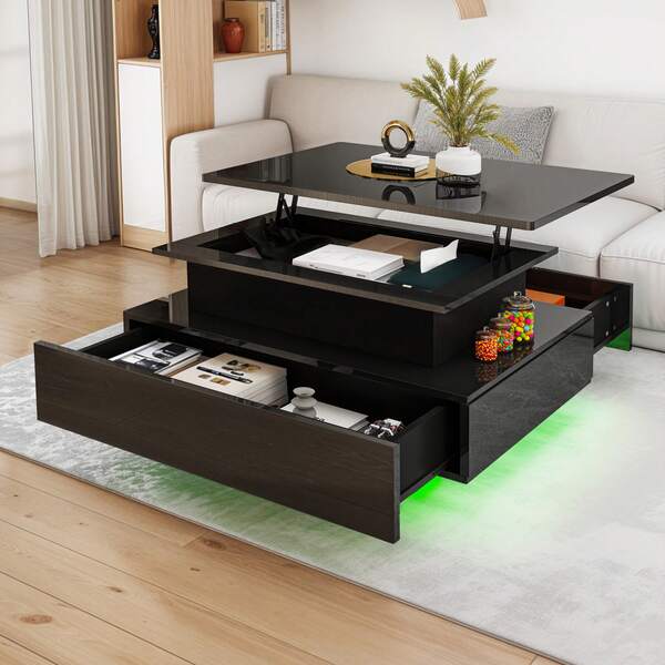 Yitahome Lift Top Coffee Table, High Glossy With LED Strip, Modern Wooden Rectangle Tea Table With 2 Drawers, Black -By GeoTower